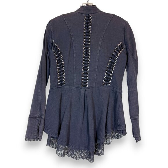 Free People Victorian Lace Up Military Jacket Corset Gray Ruffle Plum Steampunk - Picture 1 of 13